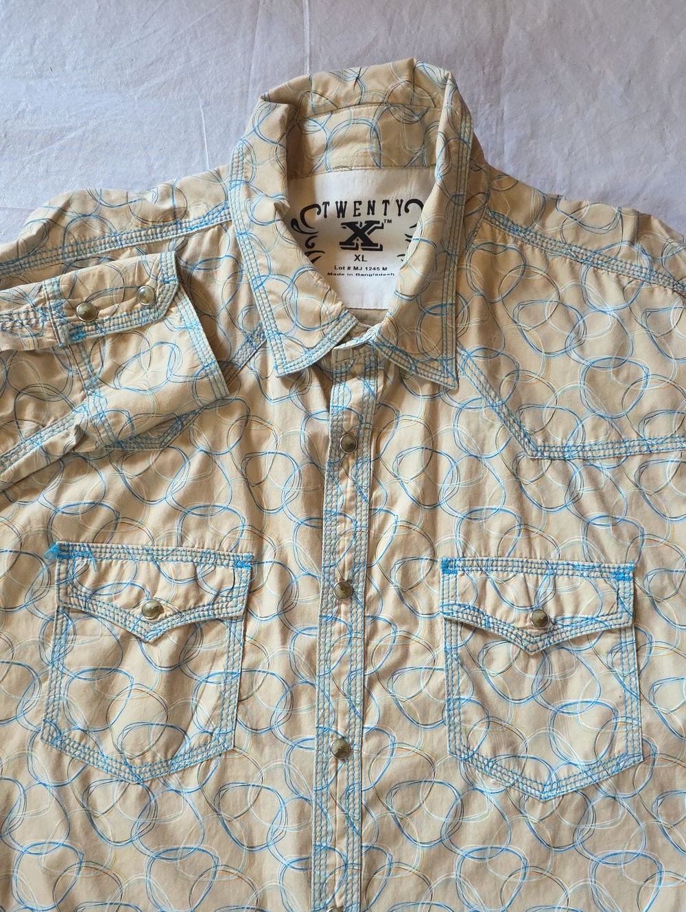Twenty X Men's Beige Button-Up Shirt Blue Circular Print Pearl‎ Snaps Western XL